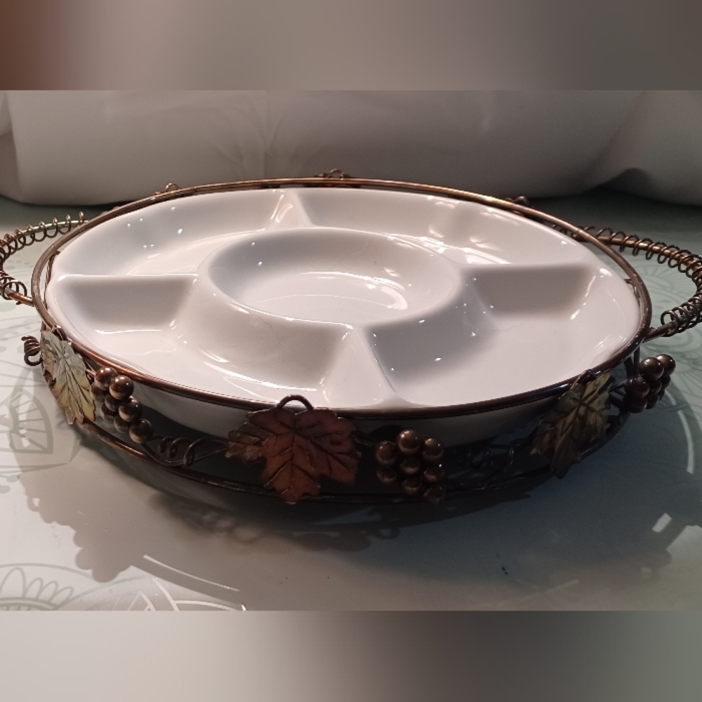 Ceramic Divided Platter with Separate Bronze Serving Tray.
